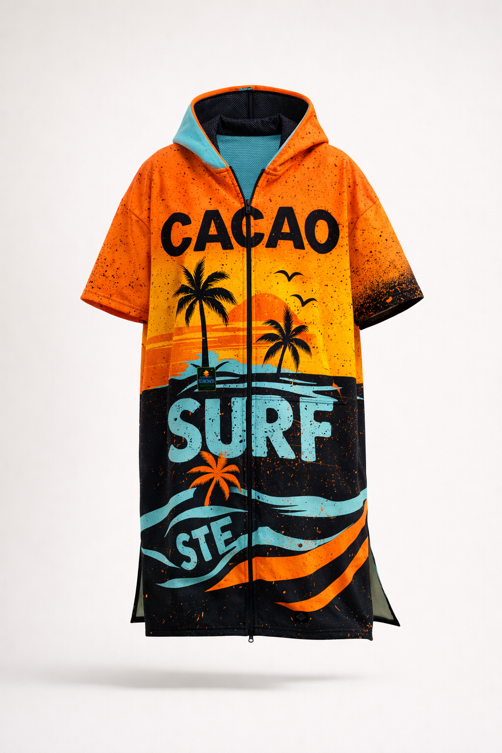 Orange men’s beach poncho towel with hood, zipper and pockets – CACAO Beachwear™