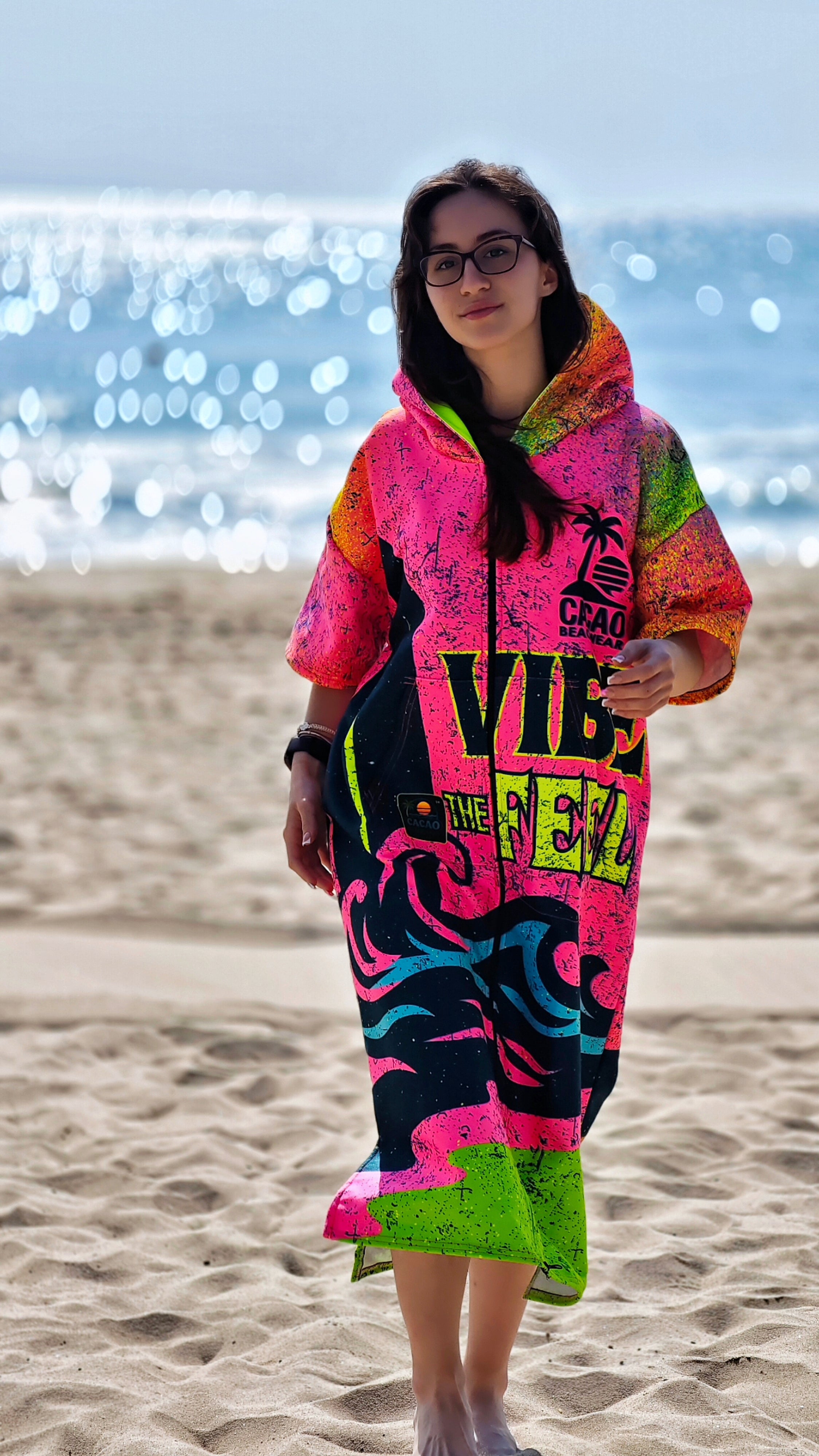 Paradise women's beach poncho towel with hood, zipper and pockets