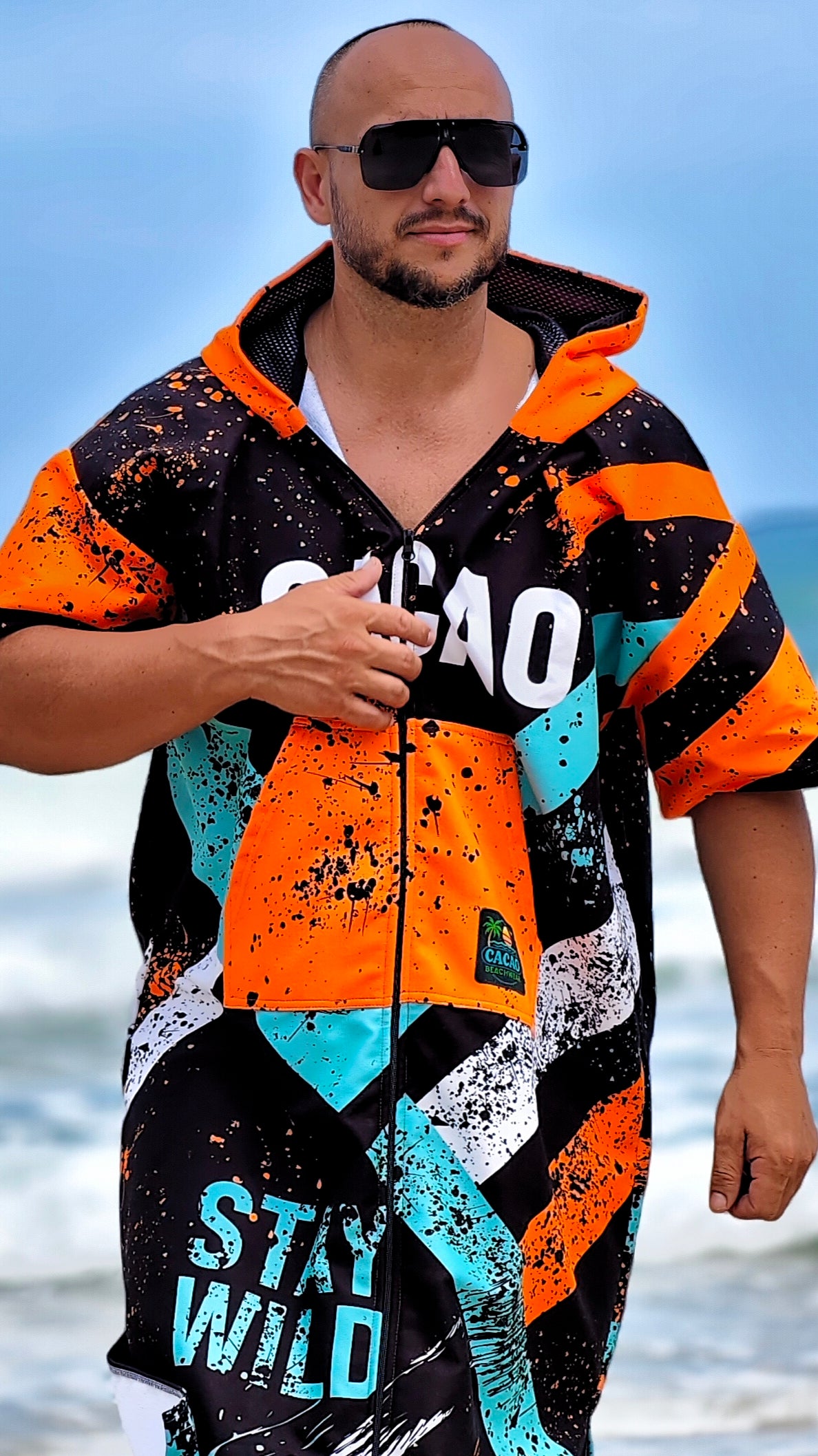 Blue Spirit men’s beach poncho towel with hood, zipper and pockets – CACAO Beachwear™