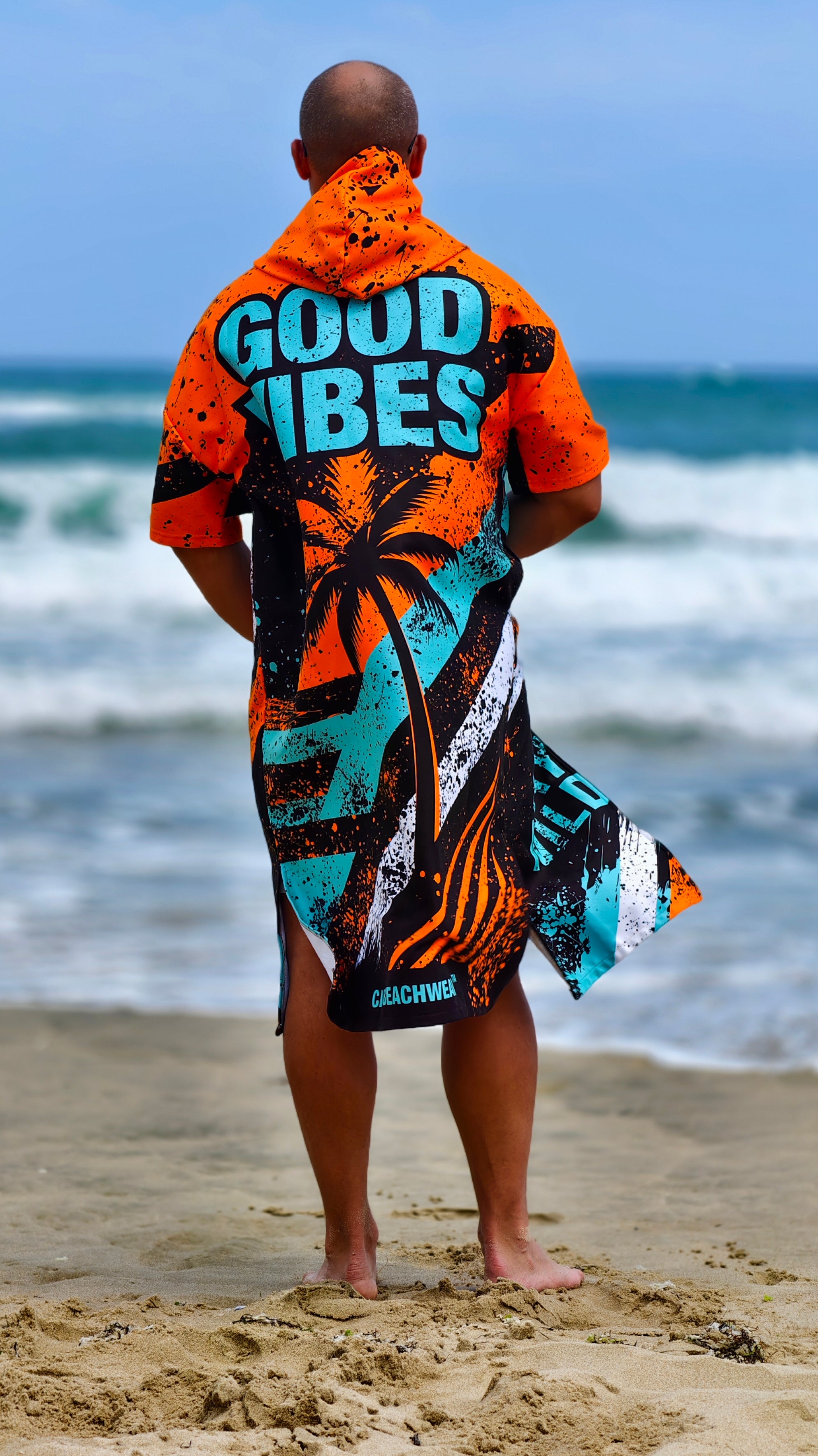 Blue Spirit men’s beach poncho towel with hood, zipper and pockets – CACAO Beachwear™