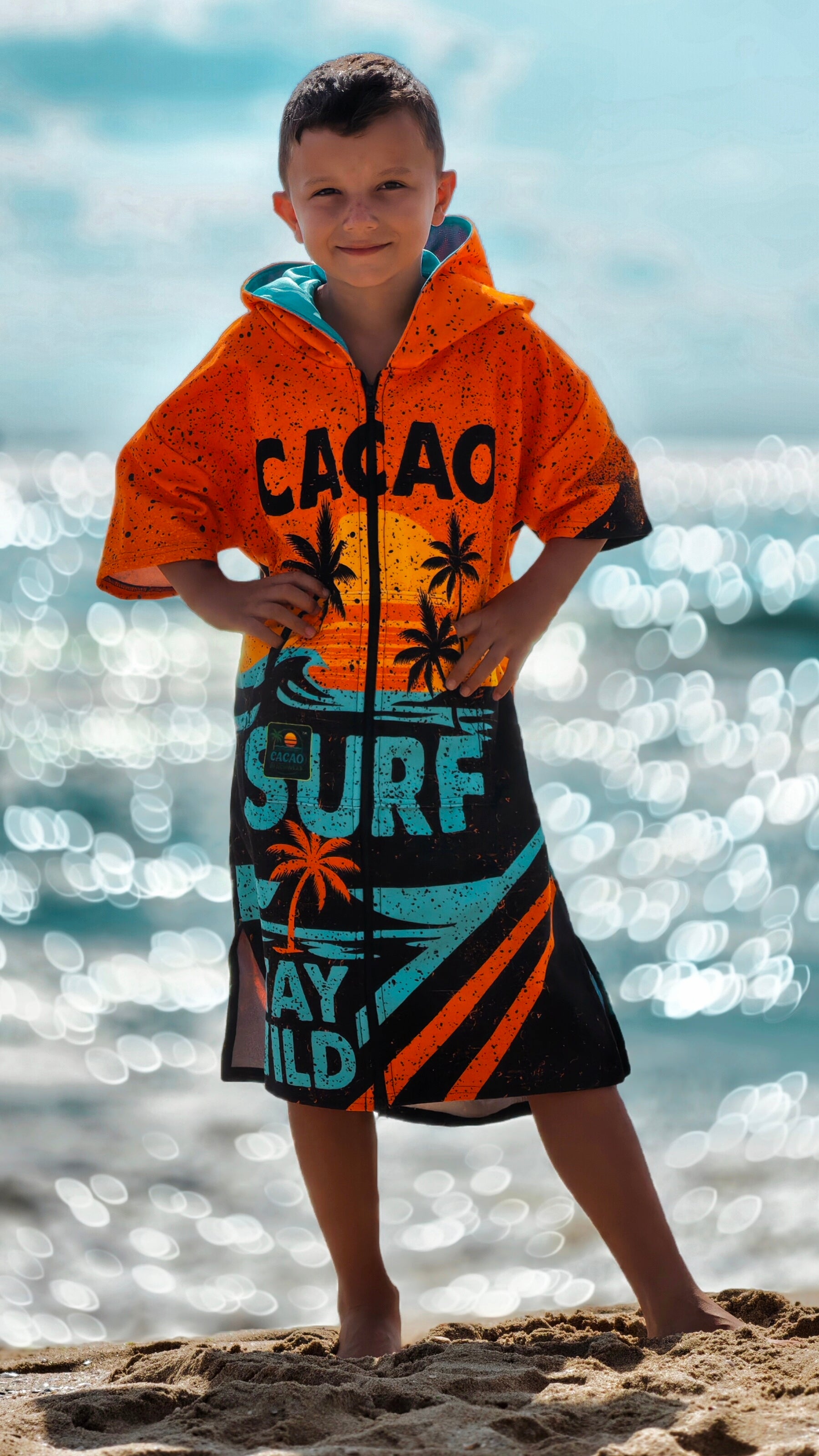 Orange children’s beach poncho towel for boys with hood, zipper and pockets – CACAO Beachwear™