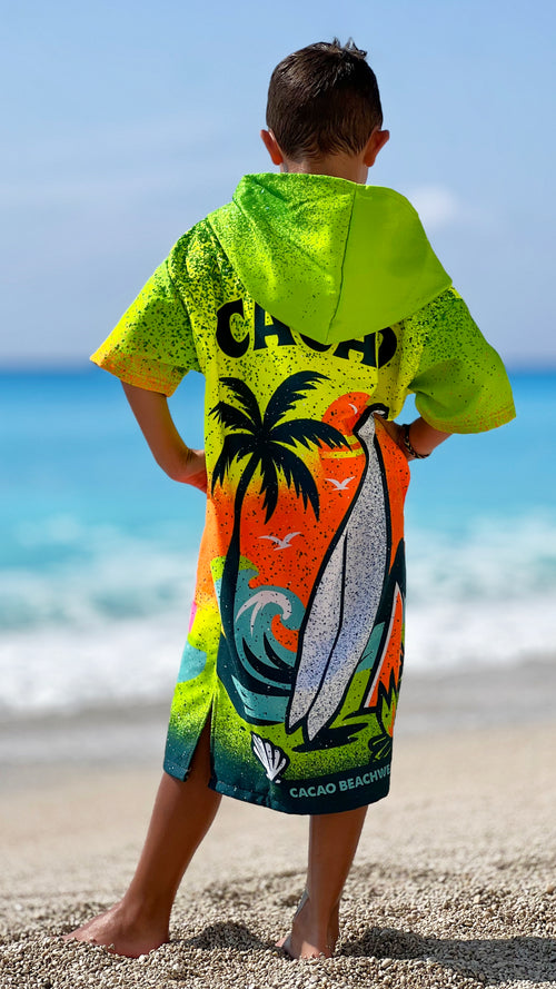 Surf Vibe children’s beach poncho towel for boys with hood, zipper and pockets – CACAO Beachwear™